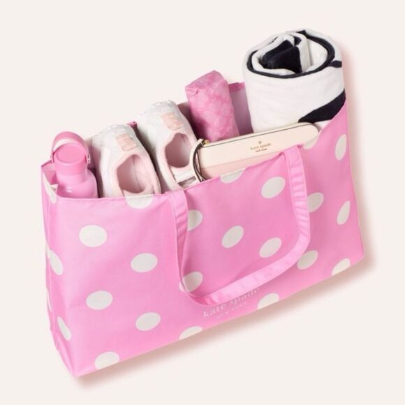 NEW Kate Spade XL Canvas Reusable Shopper Foldable Tote Pink White Polka Dots - Picture 7 of 8